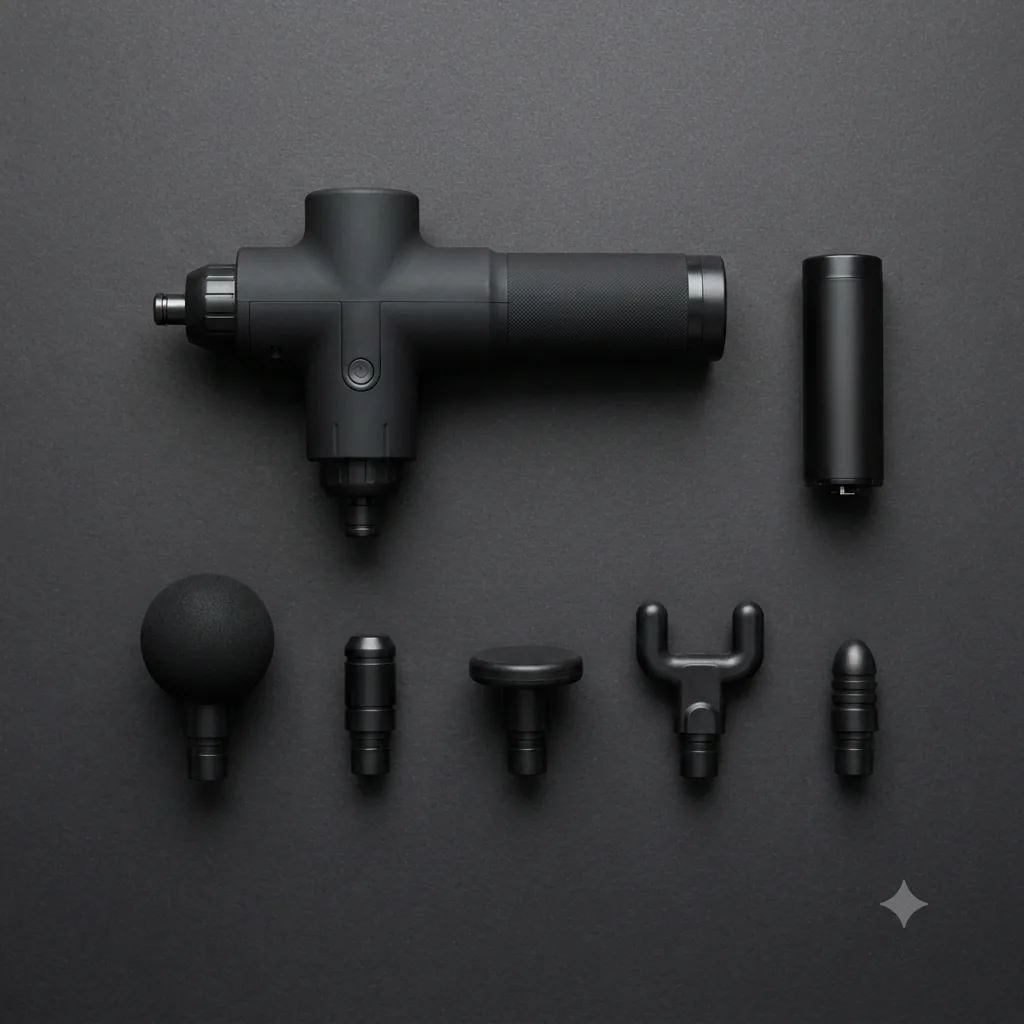 Overhead flat lay on a dark grey surface: a matte black massage gun with its head removed, a separate cylindrical battery pack, and five interchangeable attachment heads — a large ball, a small bullet, a flat disc, a two-pronged fork, and a ridged cone — arranged in a grid under soft even light.