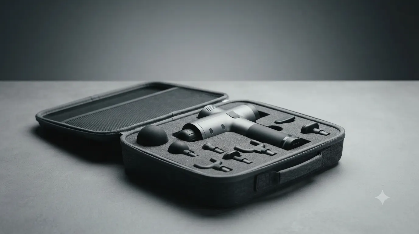An open dark-grey zippered carry case on a pale concrete surface, holding a silver and black massage gun in a foam cutout alongside five detached attachment heads — a large ball, bullet tips, and fork heads — each in its own recess.