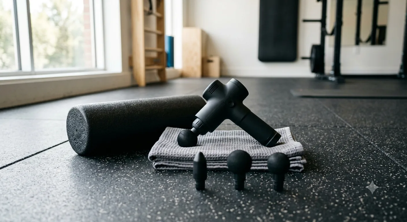 A matte black massage gun resting on a folded grey towel on a dark speckled rubber gym floor, beside a black foam roller and three detached attachment heads, lit by daylight from a window at the left.