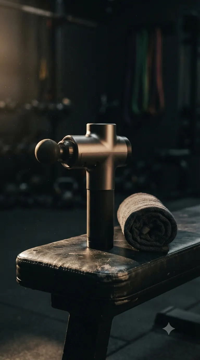 A bronze-toned massage gun standing upright on a worn black leather weight bench beside a rolled dark towel, in a dim gym with dumbbells and hanging resistance bands blurred in the background.